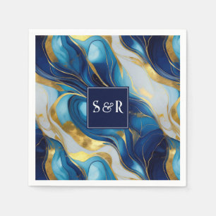 Monogram Faux Gold, Blue and White Marbled Wedding Napkins