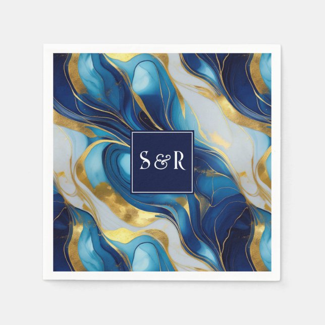 Monogram Faux Gold, Blue and White Marbled Wedding Napkins (Front)