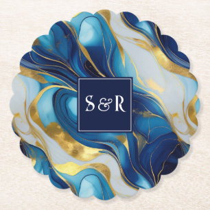 Monogram Faux Gold, Blue and White Marbled Wedding Paper Coaster