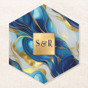 Monogram Faux Gold, Blue and White Marbled Wedding Paper Coaster