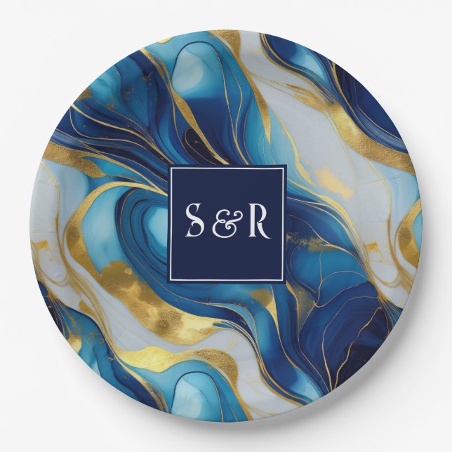 Monogram Faux Gold, Blue and White Marbled Wedding Paper Plates (Front)
