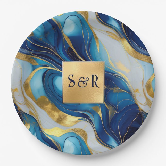 Monogram Faux Gold, Blue and White Marbled Wedding Paper Plates (Front)