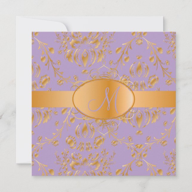 Monogram faux gold damask/lavender invitation (Front)