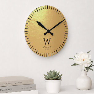 Monogram Faux Gold Foil Black  Initial Custom Name Round Clock