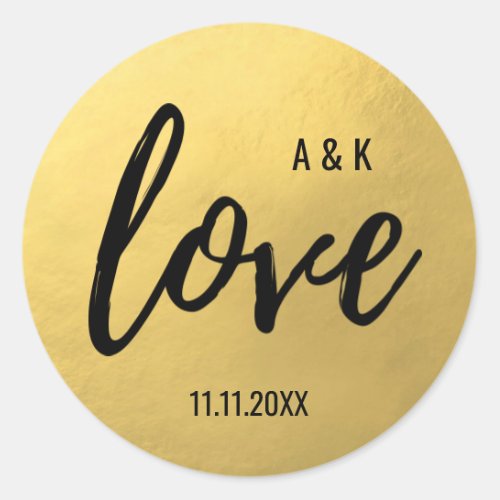 Monogram Faux Gold Foil LOVE Script Black Wedding Classic Round Sticker