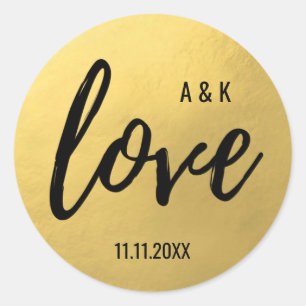 Monogram Faux Gold Foil LOVE Script Black Wedding Classic Round Sticker
