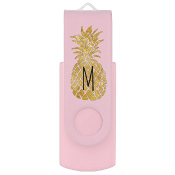 Monogram Faux Gold Foil Pineapple Pink Flash Drive by amoredesign at Zazzle