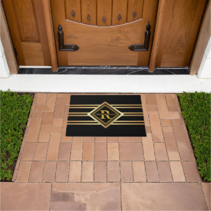 Monogram Faux Gold Geometric BLACK Doormat