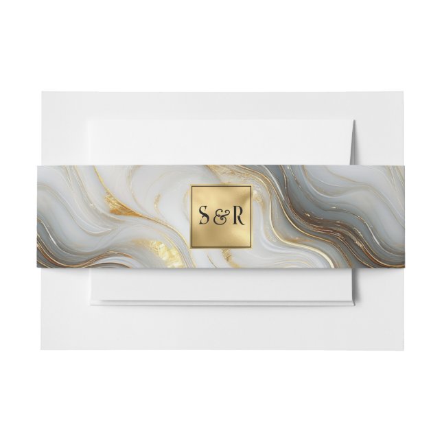 Monogram Faux Gold, Grey & White Marbled Wedding Invitation Belly Band (Front Example)