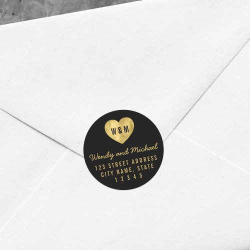 Monogram Faux Gold Heart Couple Return Address Classic Round Sticker