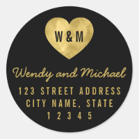 Monogram Faux Gold Heart Couple Return Address Classic Round Sticker