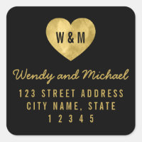 Monogram Faux Gold Heart Wedding Return Address Square Sticker