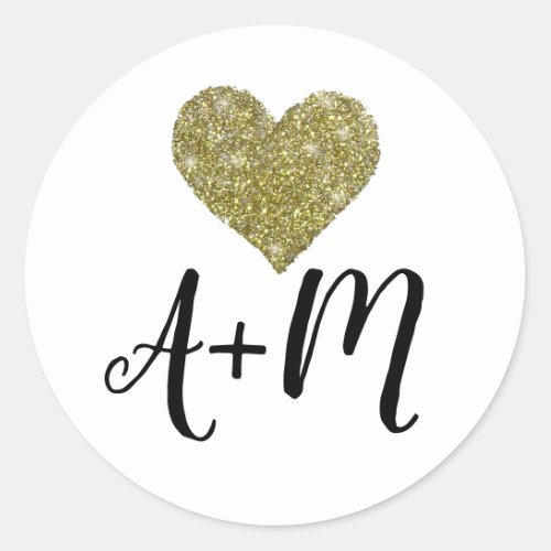 monogram faux_gold love heart wedding  classic round sticker