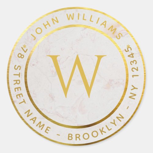 Monogram Faux Gold Marble Circular Return Address  Classic Round Sticker