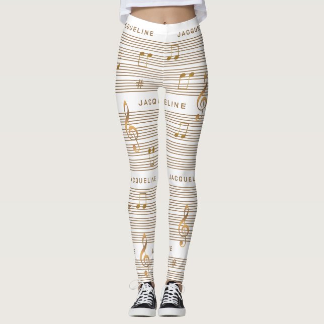 Monogram Faux Gold Notes and Clef on WHITE Leggings (Front)