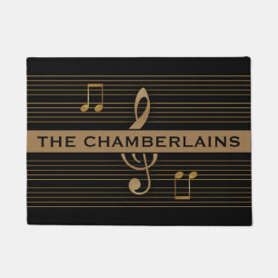 Monogram Faux Gold Treble Clef and Notes on BLACK Doormat