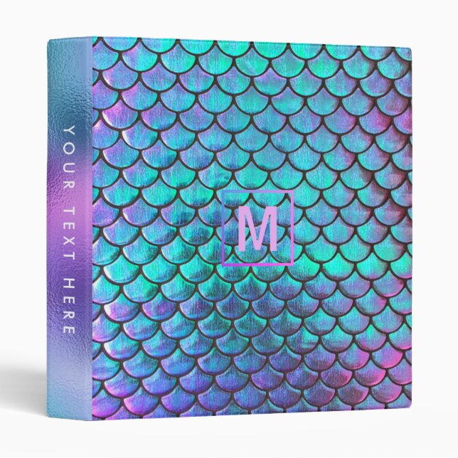 monogram  FAUX iridescent mermaid scale 3 Ring Bin 3 Ring Binder (Front/Spine)