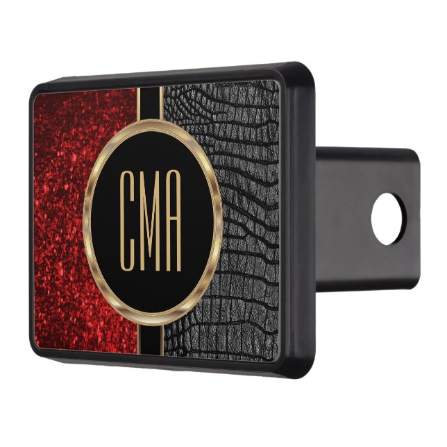 Monogram - Faux Leather and Red Glitter Hitch Cover (Left)