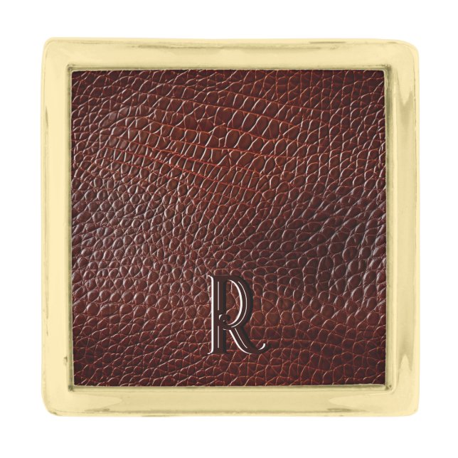 Monogram Faux Leather Brown Embossed  Gold Finish Lapel Pin (Front)