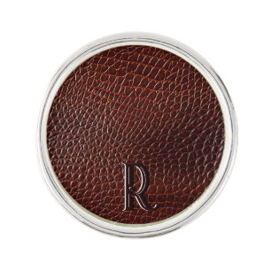 Monogram Faux Leather Brown Embossed  Lapel Pin