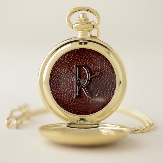Monogram Faux Leather Brown Embossed  Pocket Watch (Inside)
