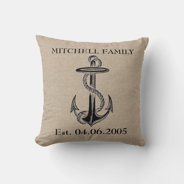 Monogram faux linen burlap rustic anchor beach throw pillow (Front)