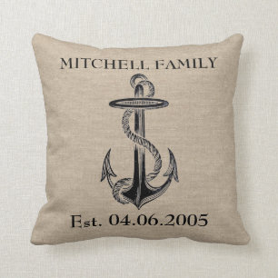 Monogram faux linen burlap rustic anchor beach throw pillow