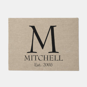 Monogram faux linen burlap rustic chic initial jut doormat
