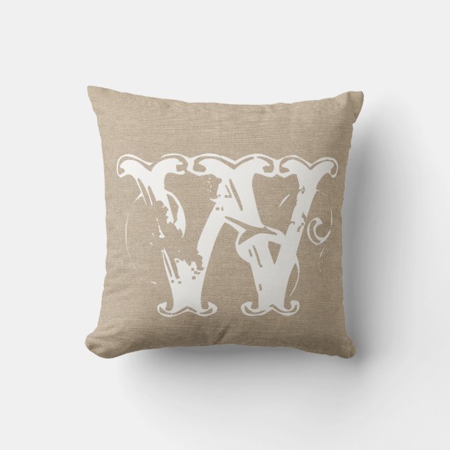 Monogram faux linen burlap rustic chic initial jut throw pillow (Front)