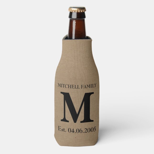 Monogram faux linen burlap rustic initial wedding bottle cooler (Bottle Front)