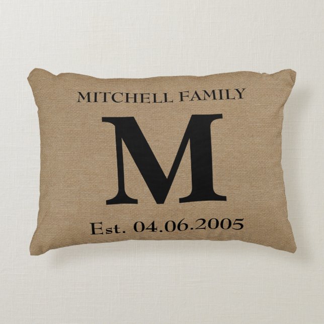 Monogram faux linen burlap rustic initial wedding decorative pillow (Front)