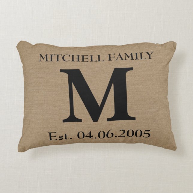 Monogram faux linen burlap rustic initial wedding decorative pillow (Front)