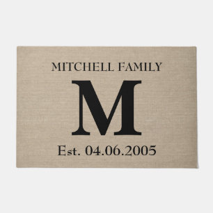 Monogram faux linen burlap rustic initial wedding doormat