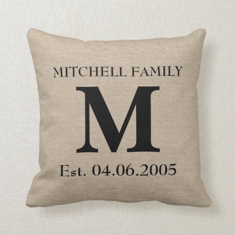 Monogram faux linen burlap rustic initial wedding throw pillow