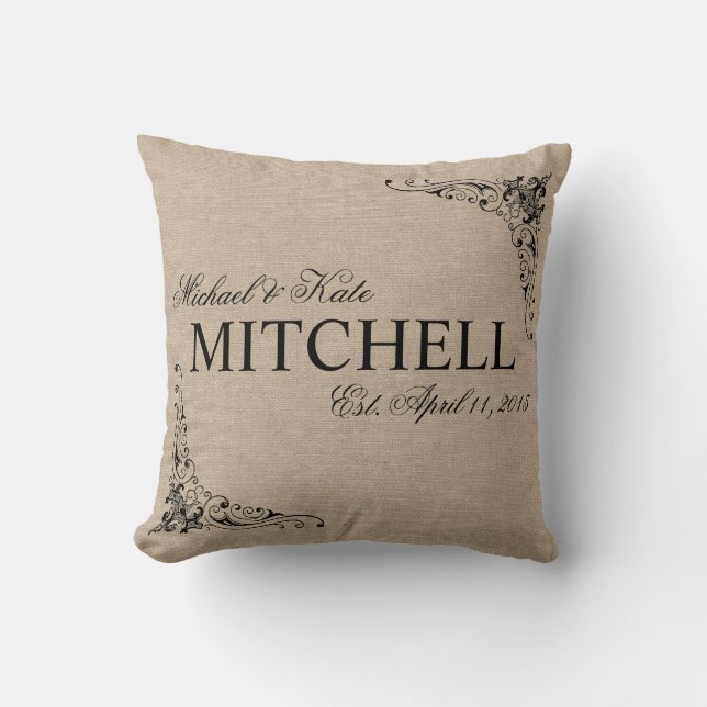 Monogram faux linen burlap rustic names wedding throw pillow (Front)