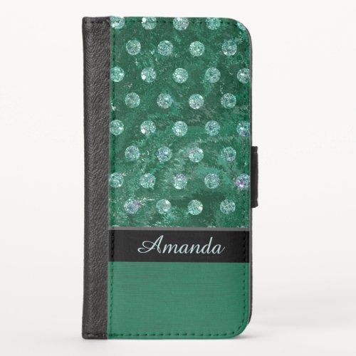 Monogram faux rhinestones green background design iPhone x wallet case