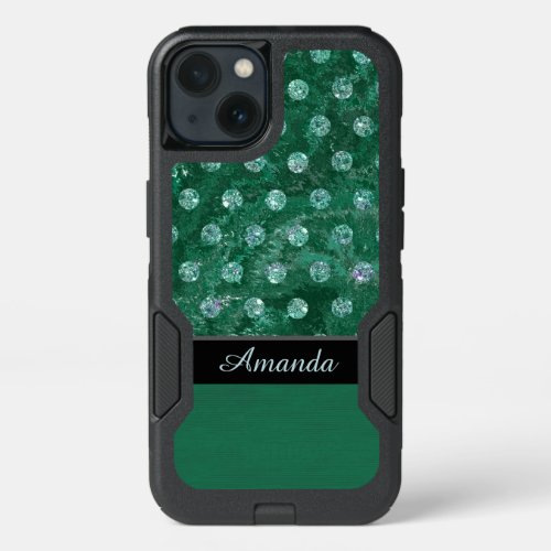 Monogram faux rhinestones green background design iPhone 13 case