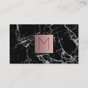 monogram faux rose gold foil on black marble business card
