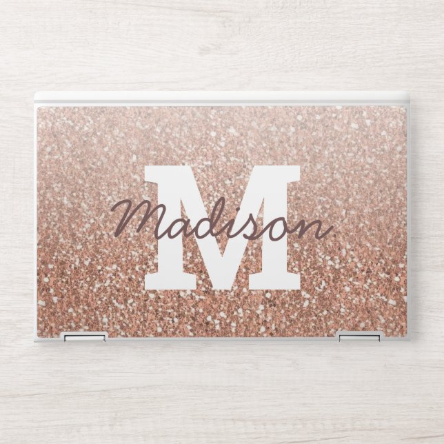 Monogram Faux Rose Gold Glitter Chic Trendy HP Laptop Skin (Front)