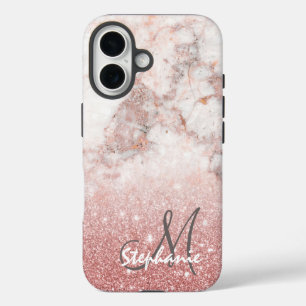 Monogram Faux Rose Gold Glitter White Marble Ombre iPhone 16 Case