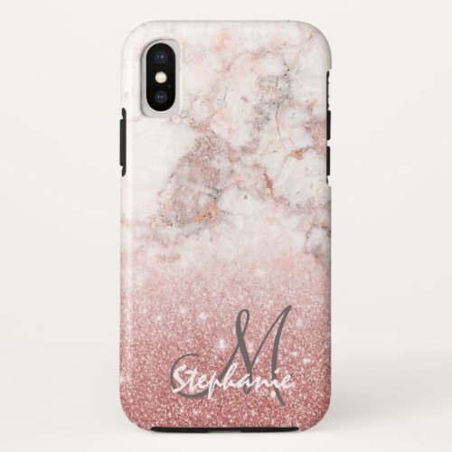 Monogram Faux Rose Gold Glitter White Marble Ombre iPhone X Case