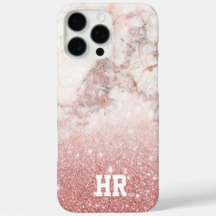 Monogram Faux Rose Gold Glitter White Marble Ombre iPhone 16 Pro Max Case