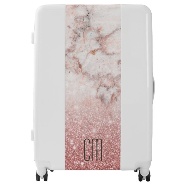Monogram Faux Rose Gold Glitter White Marble Ombre Luggage (Front)