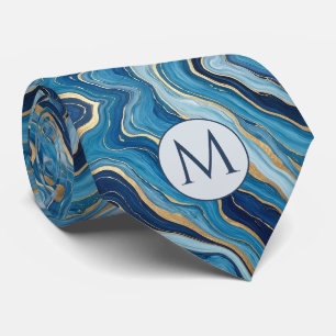 Monogram Faux Silk Neck Tie Blue + Gold Marble