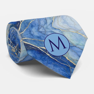 Monogram Faux Silk Neck Tie Blue + Gold Marble