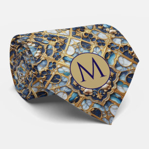 Monogram Faux Silk Neck Tie Blue + Gold Marble