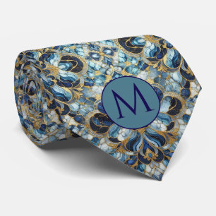 Monogram Faux Silk Neck Tie Blue + Gold Marble
