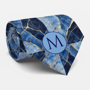 Monogram Faux Silk Neck Tie Blue + Gold Marble