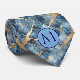 Monogram Faux Silk Neck Tie Blue + Gold Marble
