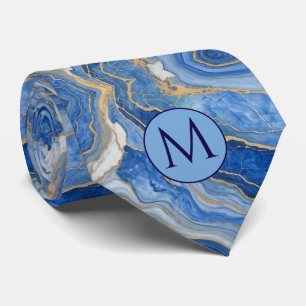Monogram Faux Silk Neck Tie Blue + Gold Marble